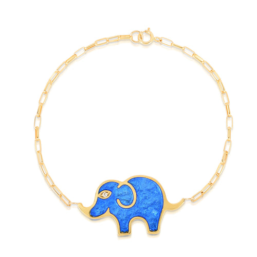 Large Elephant Bracelet in Light Blue Pearlized Enamel Set on an 18 Karat Yellow Gold Chain