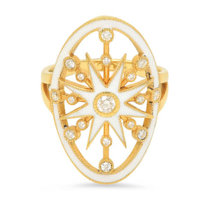 Yellow Gold White Enamel Star Shield Ring
