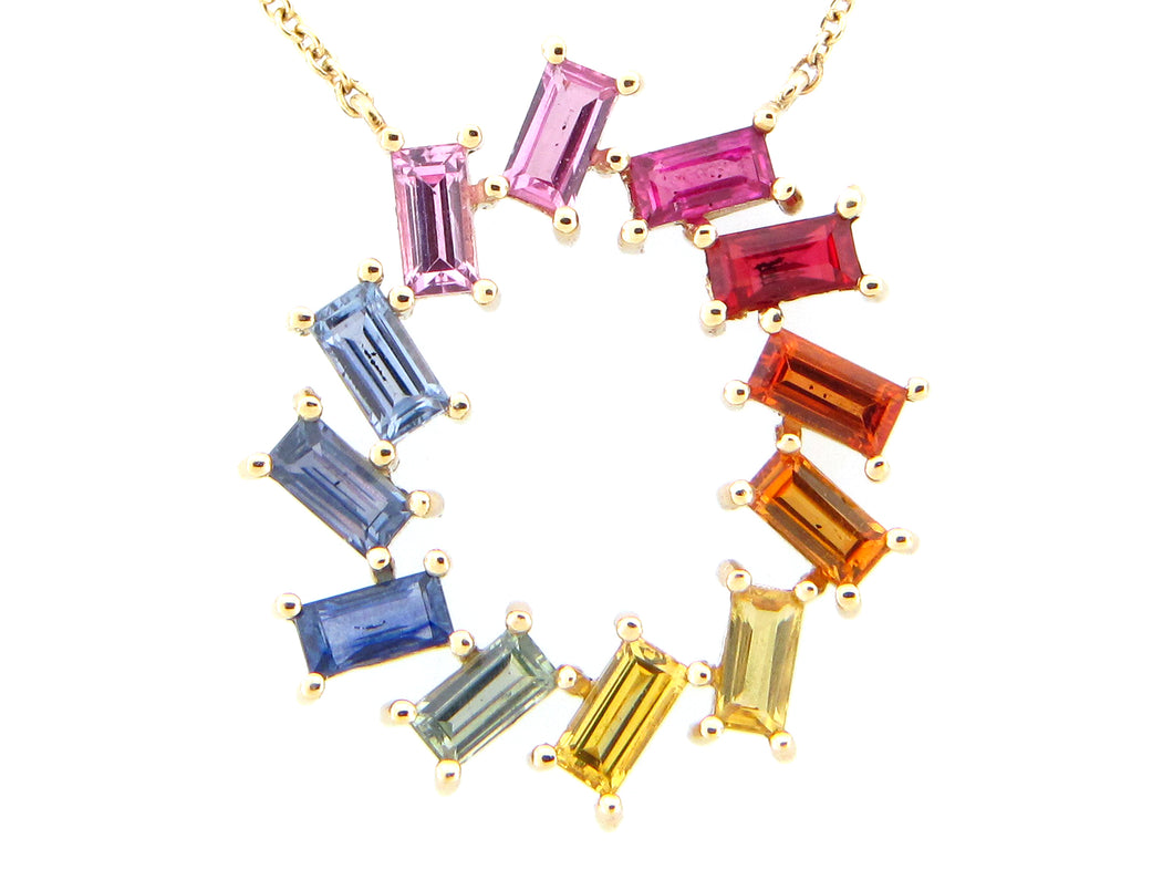 Rainbow Sapphire Baguette Pin Wheel Pendant Necklace