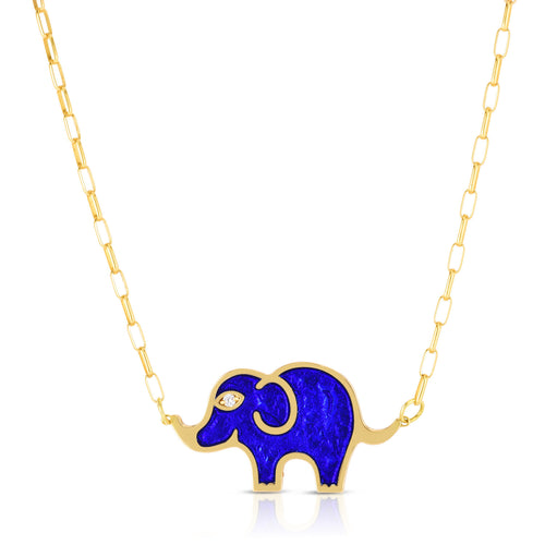 Large Elephant Necklace in Blue Pearlized Enamel Set on an 18 Karat Gold Chain