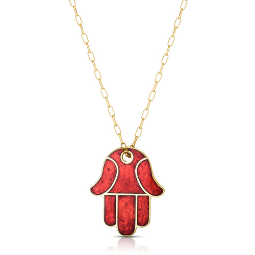 Medium Hamsa Necklace in Red Pearlized Enamel set on an 18 karat yellow gold chain